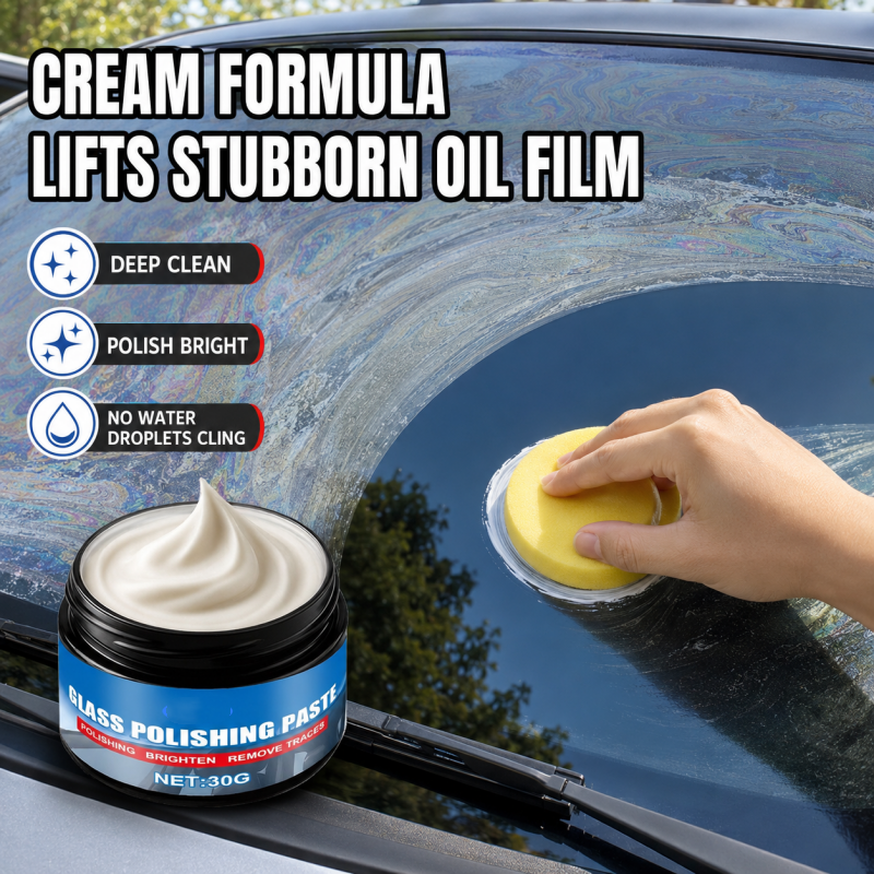 Applying Nuvarye glass polishing paste to windshield